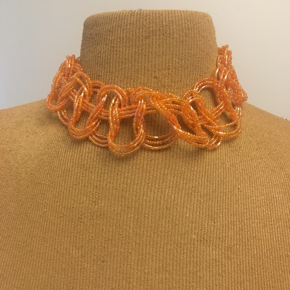 Large Orange and Gold Hand Beaded Necklace